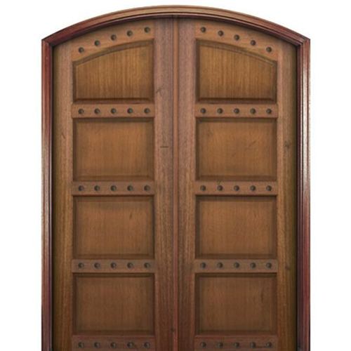 Pair of Solid Mahogany 4 Panel Double Arch Top Doors with Decorative Clavos