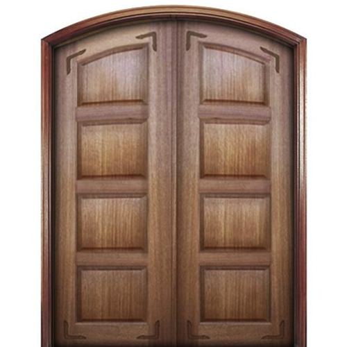 Pair of Solid Mahogany 4 Panel Double Arch Top Doors with Decorative Straps