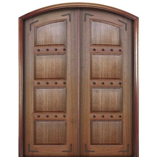 Pair of Solid Mahogany 4 Panel Double Arch Top Doors with Decorative Clavos and Straps