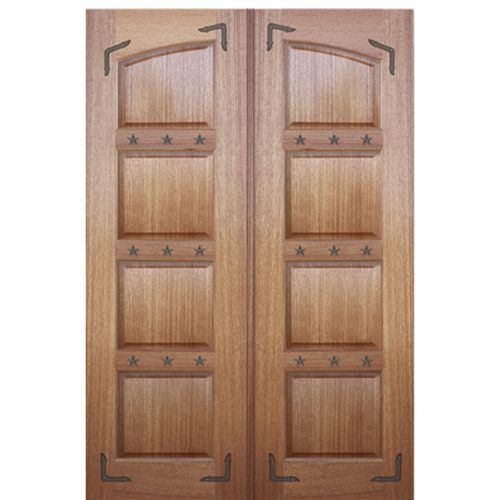 Pair of Solid Mahogany 4 Panel Double Arch Panel Doors with Decorative Clavos and Straps