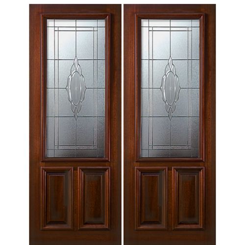 8'-0" 2/3 Lite Mahogany Wood Double Entry Door with Cameo Decorative Glass