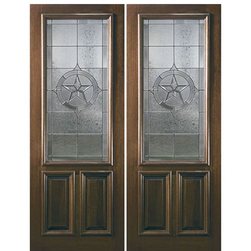 8'-0" 2/3 Lite Mahogany Wood Double Entry Door with Pecos Lone Star Decorative Glass