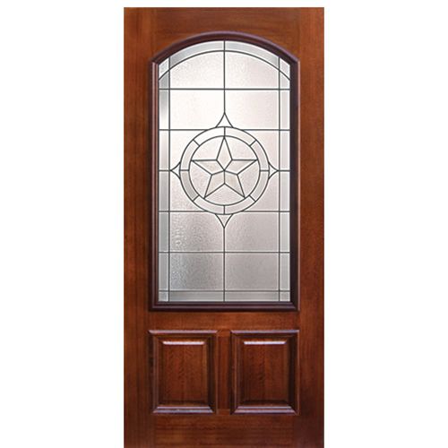 6'-8" Arch Lite Mahogany Wood Entry Door with Pecos Lone Star Decorative Glass