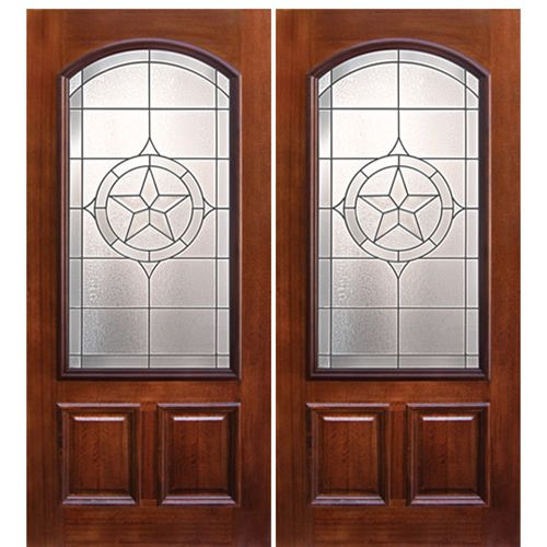 6'-8" Arch Lite Mahogany Wood Double Entry Door with Pecos Lone Star Decorative Glass