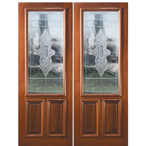 8'-0" 2/3 Lite Mahogany Wood Double Entry Door with Sabine Decorative Glass