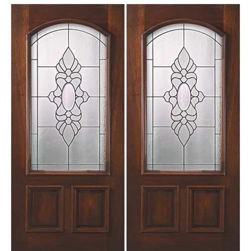 6'-8" Arch Lite Mahogany Wood Double Entry Door with Sabine Decorative Glass