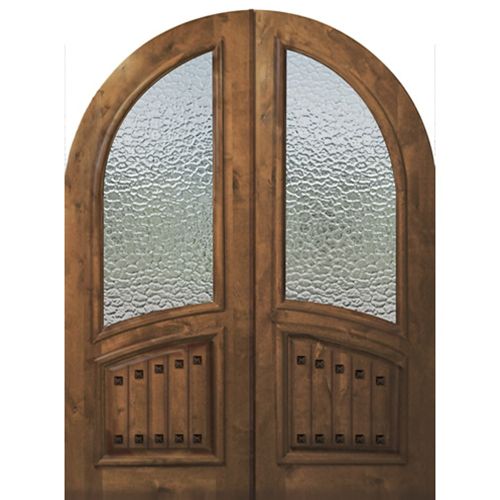 Pre-hung Knotty Alder Round Top Exterior Double Door V-Grooved Panels and Decorative Clavos