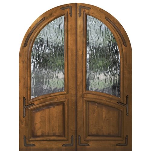 Pre-hung Knotty Alder Round Top Exterior Double Door with Decorative Straps