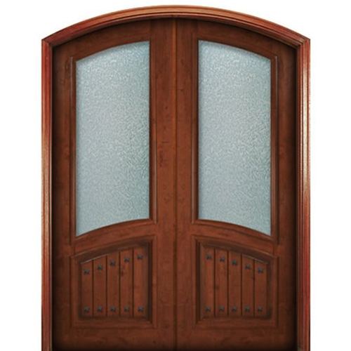 Pre-hung Knotty Alder Arch Top Exterior Double Door V-Grooved Panels and Decorative Clavos