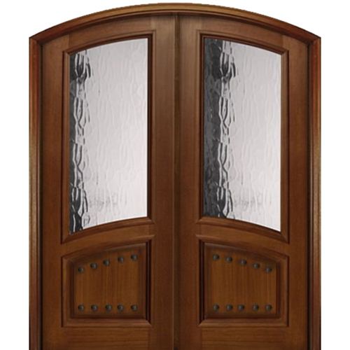 Pre-hung Mahogany Arch Top Exterior Double Door with Decorative Clavos and Glass Inserts