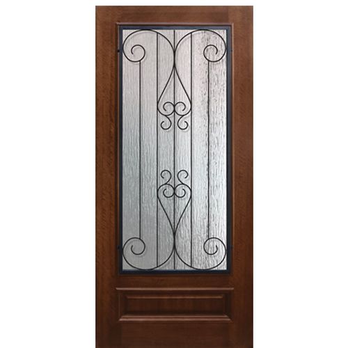 36"x80" Solid Mahogany Entry Door with a 3/4 Lite and Decorative "Lavaca" Wrought Iron