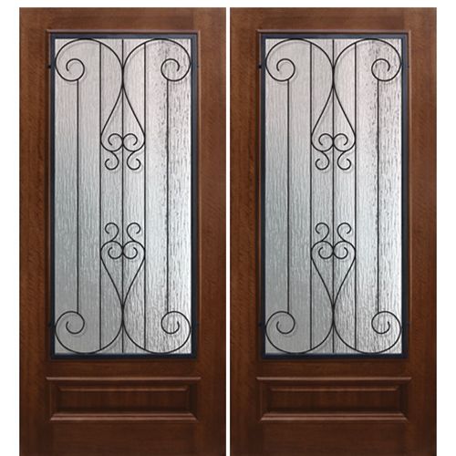 Pair of 80" Tall Solid Mahogany Entry Double Doors with 3/4 Lites and Decorative "Lavaca" Wrought Iron