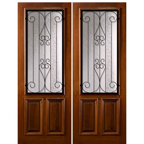 Pair of 96" Tall Solid Mahogany Exterior Doors with 2/3 Lites and "Lavaca" Wrought Iron