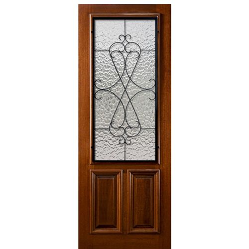 36"x96" Solid Mahogany Exterior Door with a 2/3 Lite and "Navasota" Wrought Iron