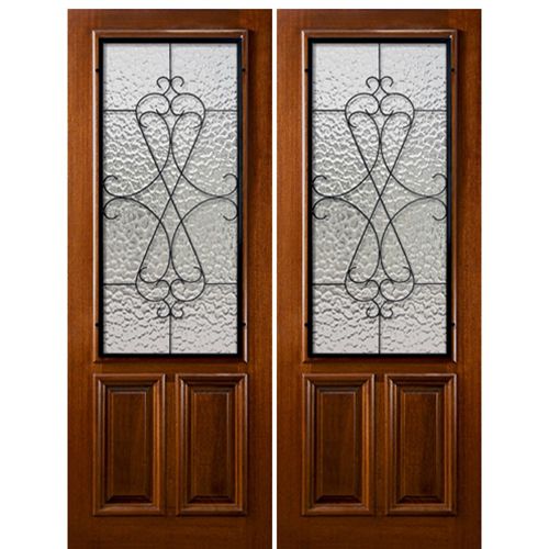 Pair of 96" Tall  Mahogany Exterior Doors with 2/3 Lites and "Navasota" Wrought Iron