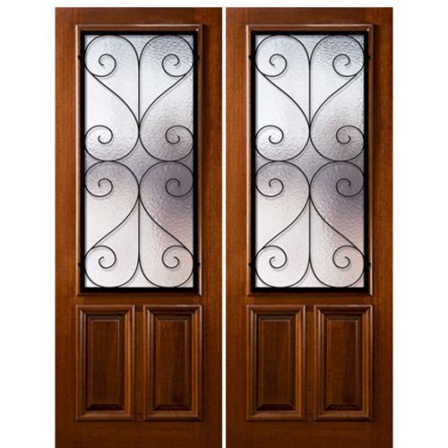 Pair of 96" Tall Solid Mahogany Exterior Doors with 2/3 Lites and "Salado" Wrought Iron