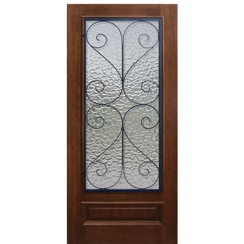 36"x80" Solid Mahogany Entry Door with a 3/4 Lite and Decorative "Salado" Wrought Iron