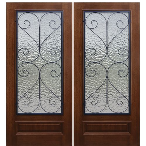 Pair of 80" Tall Solid Mahogany Entry Double Doors with 3/4 Lites and Decorative "Salado" Wrought Iron