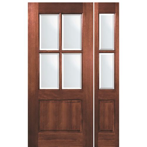 80" Tall 4 Lite 1 Panel Bottom Mahogany Exterior Door with Matching 2 Lite Sidelite