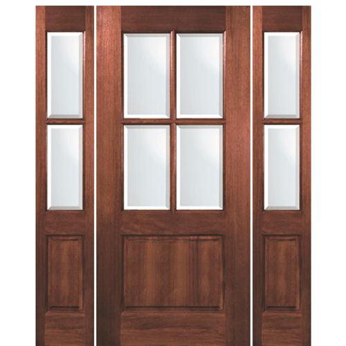 80" Tall 4 Lite 1 Panel Bottom Mahogany Exterior Door with Matching 2 Lite Sidelites