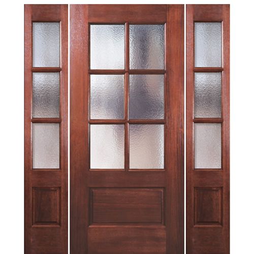 80" Tall 6 Lite 1 Panel Bottom Mahogany Exterior Single Door with Matching 3 Lite Sidelites