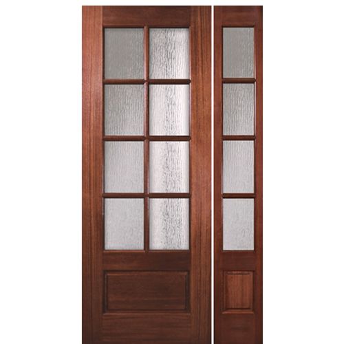 96" Tall 8 Lite 1 Panel Bottom Mahogany Exterior Single Door with Matching 4 Lite Sidelite