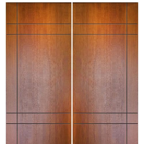 Pair of 80" Tall Modern Mahogany Flush Exterior Doors with 2 Sets of Horizontal Grooves