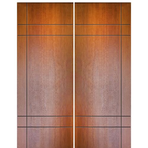 Pair of 96" Tall Mahogany Contemporary Flush Entry Doors with 2 Sets of Horizontal Grooves