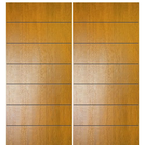 Pair of 80" Tall Modern Mahogany Exterior Doors with 6 Horizontal Grooves