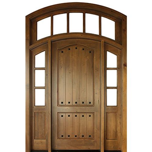 42"x96"x2-1/4" Pre-hung Knotty Alder Arch Top 2-Panel Entry Door with 24" Transom and 16" Matching Sidelites