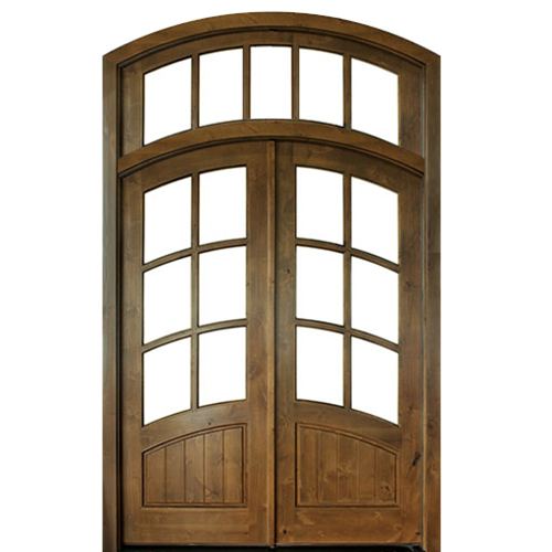 Pre-hung 6-Lite TDL Knotty Alder Double Entry Doors with Eyebrow Transom and Grooved Bottom Panel