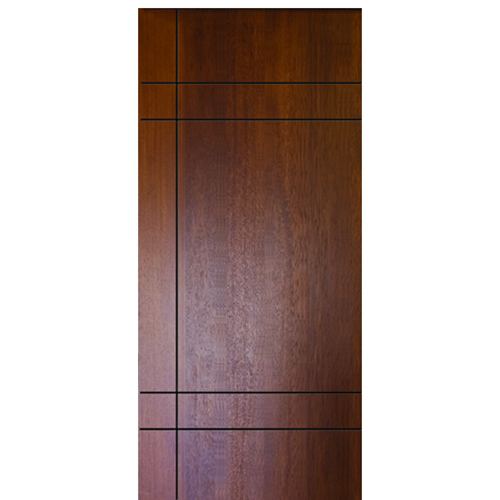 Modern Flush Fiberglass Entry Door with Horizontal and Vertical Grooves, Mahogany Wood Grain Texture 