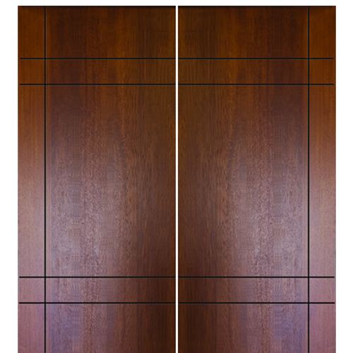 Modern Flush Fiberglass Double Doors with Horizontal and Vertical Grooves, Mahogany Wood Grain Texture 