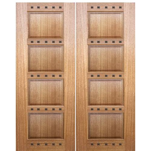 Pair of Solid Mahogany 4 Panel Double Doors with Decorative Clavos