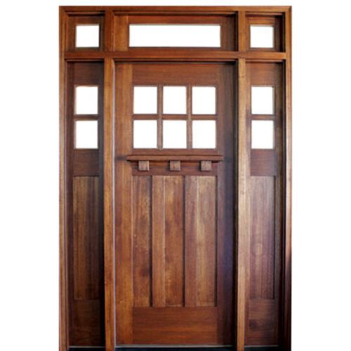 Craftsman Style Mahogany 6-Lite Entry Door with Matching Sidelites and transom in Clear Beveled Low-E Glass