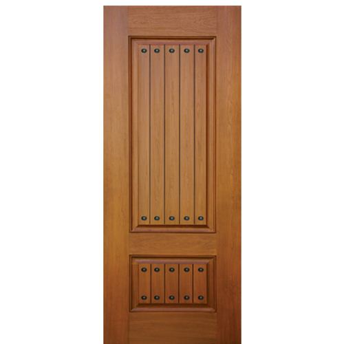 2-Panel Mahogany Grain V-Grooved Fiberglass Entry Door with Decorative Clavos