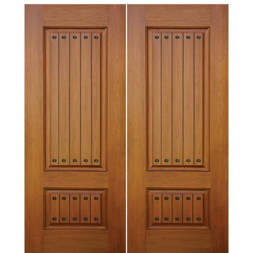 2-Panel Mahogany Grain V-Grooved Fiberglass Double Entry Doors with Decorative Clavos