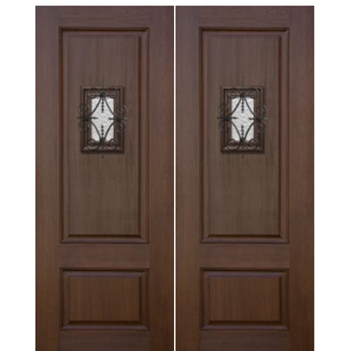 2-Panel Mahogany Grain Fiberglass Double Entry Doors with Speakeasy