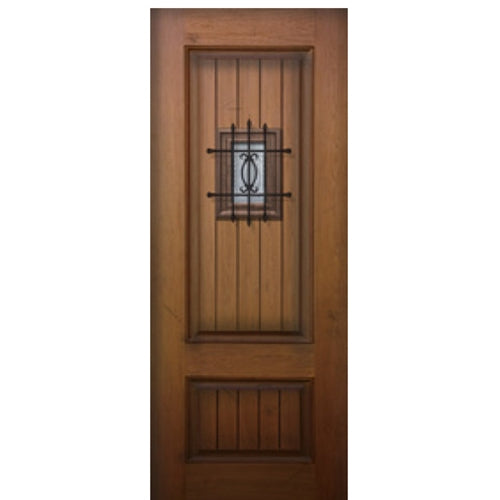 2-Panel Mahogany Grain V-Grooved Fiberglass Entry Door with Speakeasy