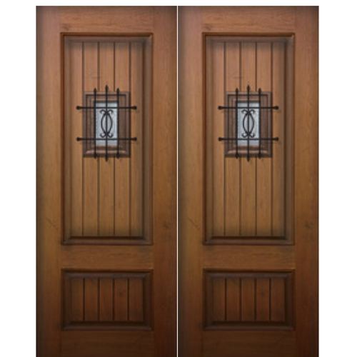 2-Panel Mahogany Grain V-Grooved Fiberglass Double Entry Doors with Speakeasy