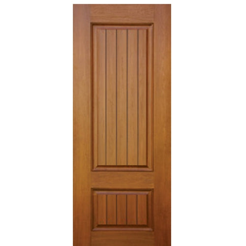 2-Panel Mahogany Grain V-Grooved Fiberglass Entry Door