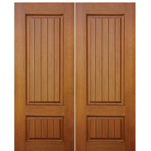 2-Panel Mahogany Grain V-Grooved Fiberglass Double Entry Doors