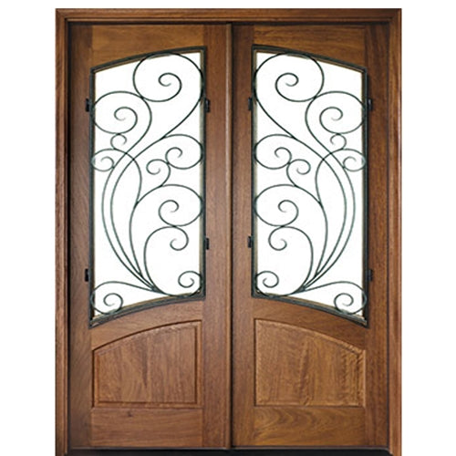 8-0" Tall Mahogany Wood Arched Glass Double Entry Doors with Decorative Redwood Grille Design 