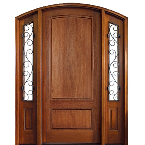 42"x96" Pre-hung Arch Top 2 Panel Mahogany Wood Entry Door with Two Decorative Iron Sidelites