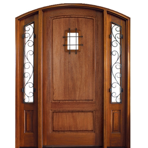 42"x96" Pre-hung Arch Top 2 Panel Mahogany Wood Entry Door with Two Decorative Iron Sidelites and Speakeasy