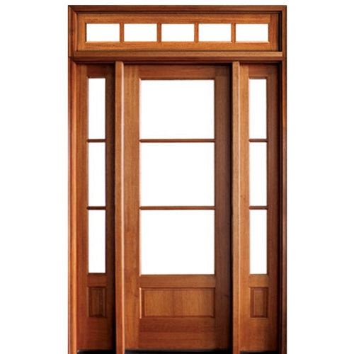 36"x96" 3-Lite TDL Mahogany Wood Entry Door with Two Sidelites and Rectangular Transom