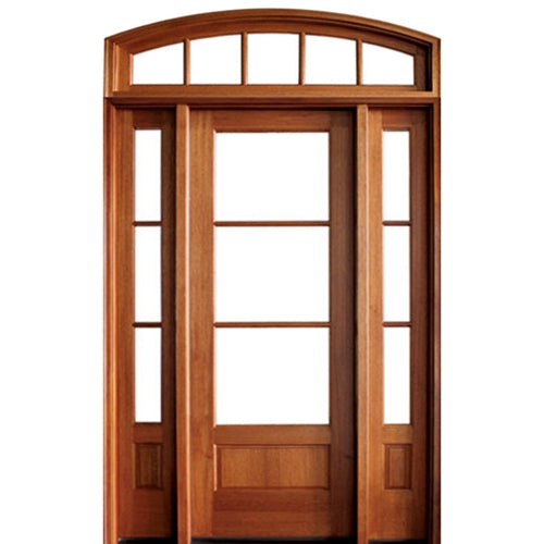 36"x96" 3-Lite TDL Mahogany Wood Entry Door with Two Sidelites and Arched Transom