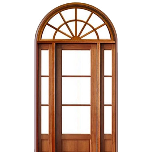 36"x96" 3-Lite TDL Mahogany Wood Entry Door with Two Sidelites and Round Top Transom