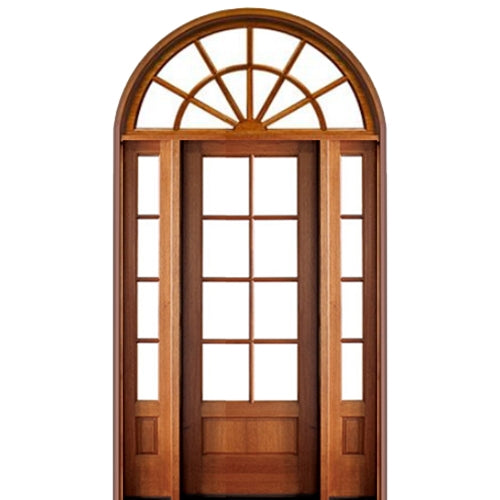 36"x96" 8-Lite TDL Mahogany Wood Entry Door with Two Sidelites and Round Top Transom