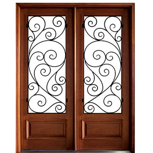 Mahogany Double Entry Door with Burlwood Decorative Wrought Iron Grille (R)